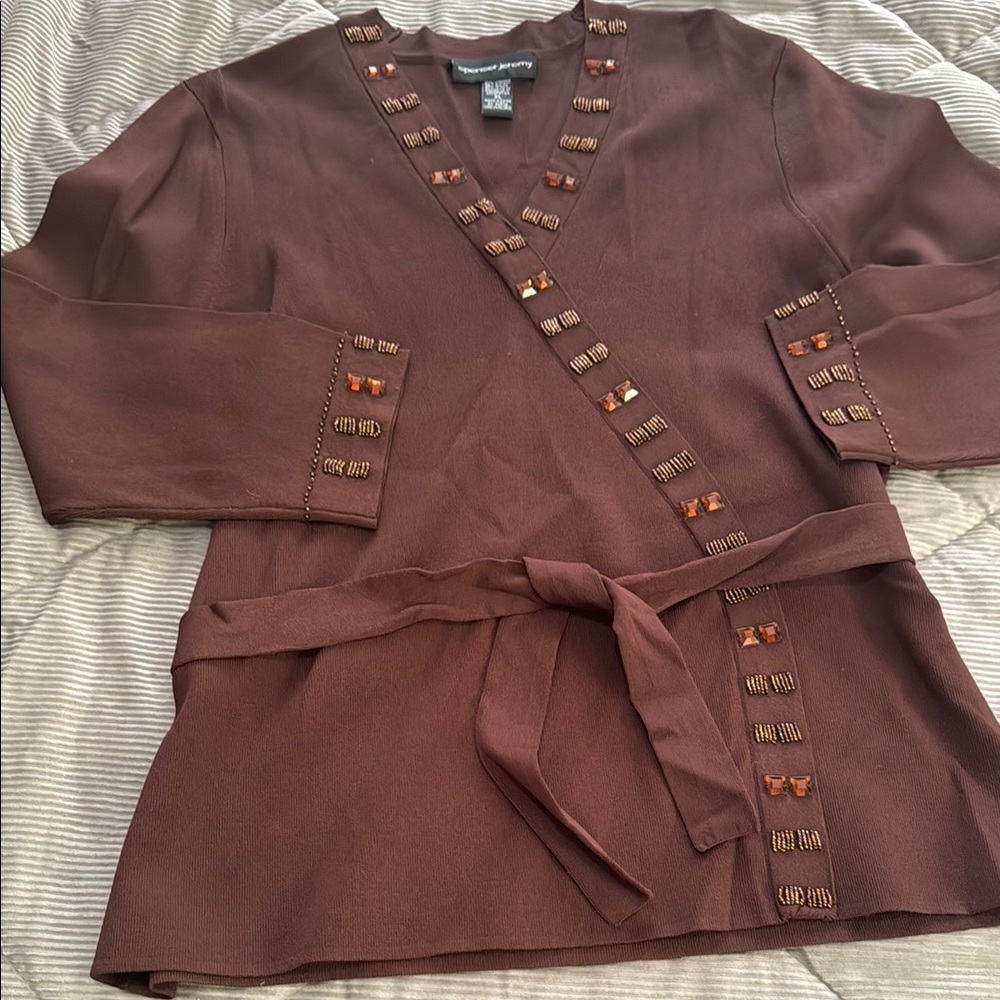 Brown Beaded FauxWrap Top